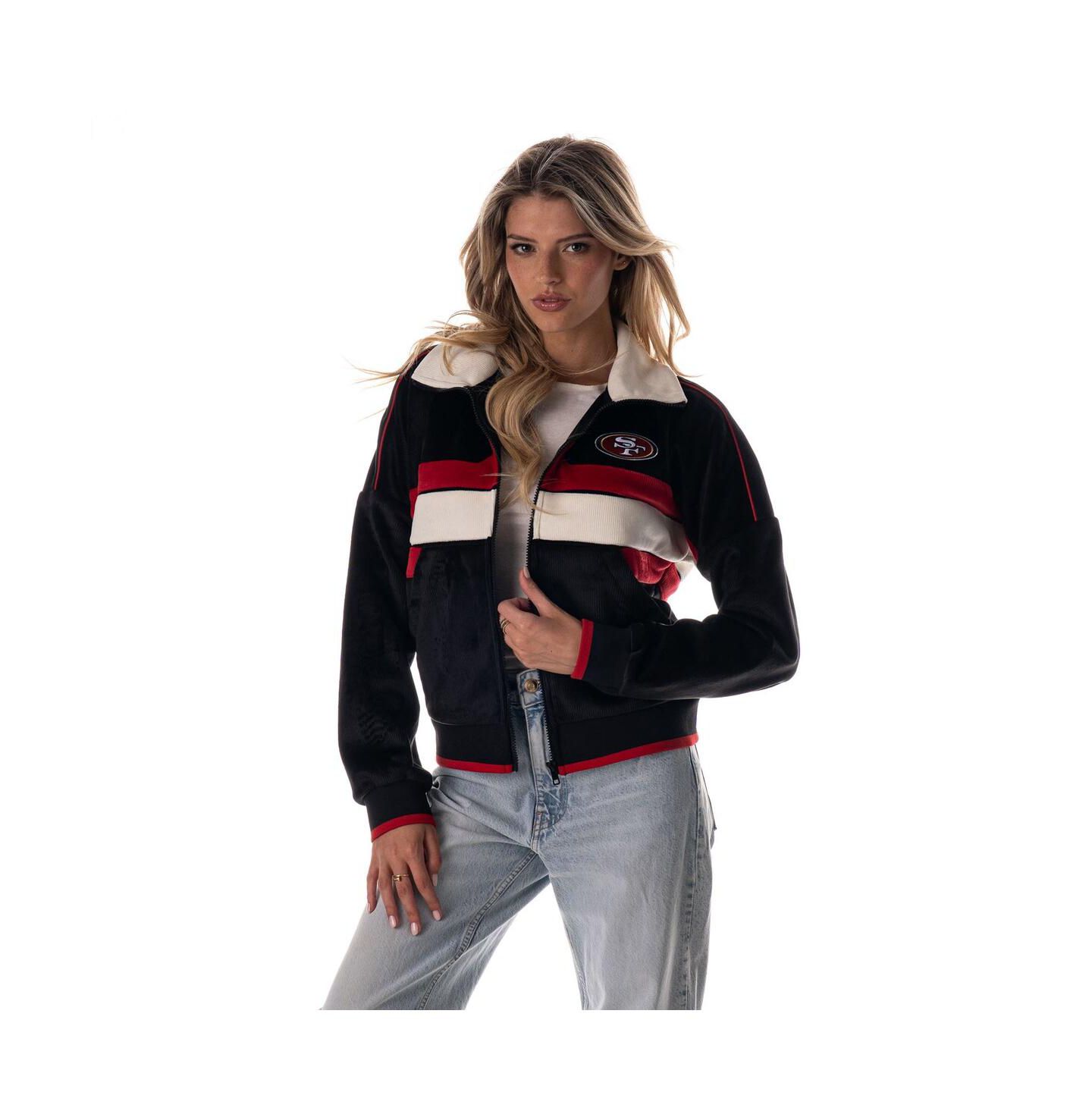 Женская куртка The Wild Collective Black San Francisco 49ers Cropped Corduroy Full-Zip Bomber — фото 1