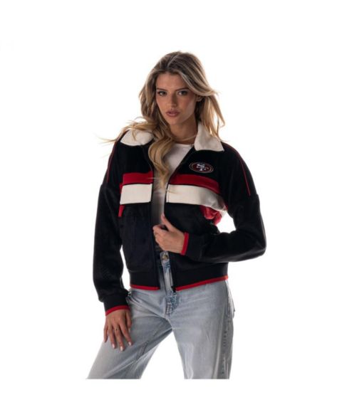 Женские куртки The Wild Collective Women's Black San Francisco 49ers Cropped Corduroy Full-Zip Bomber Jacket