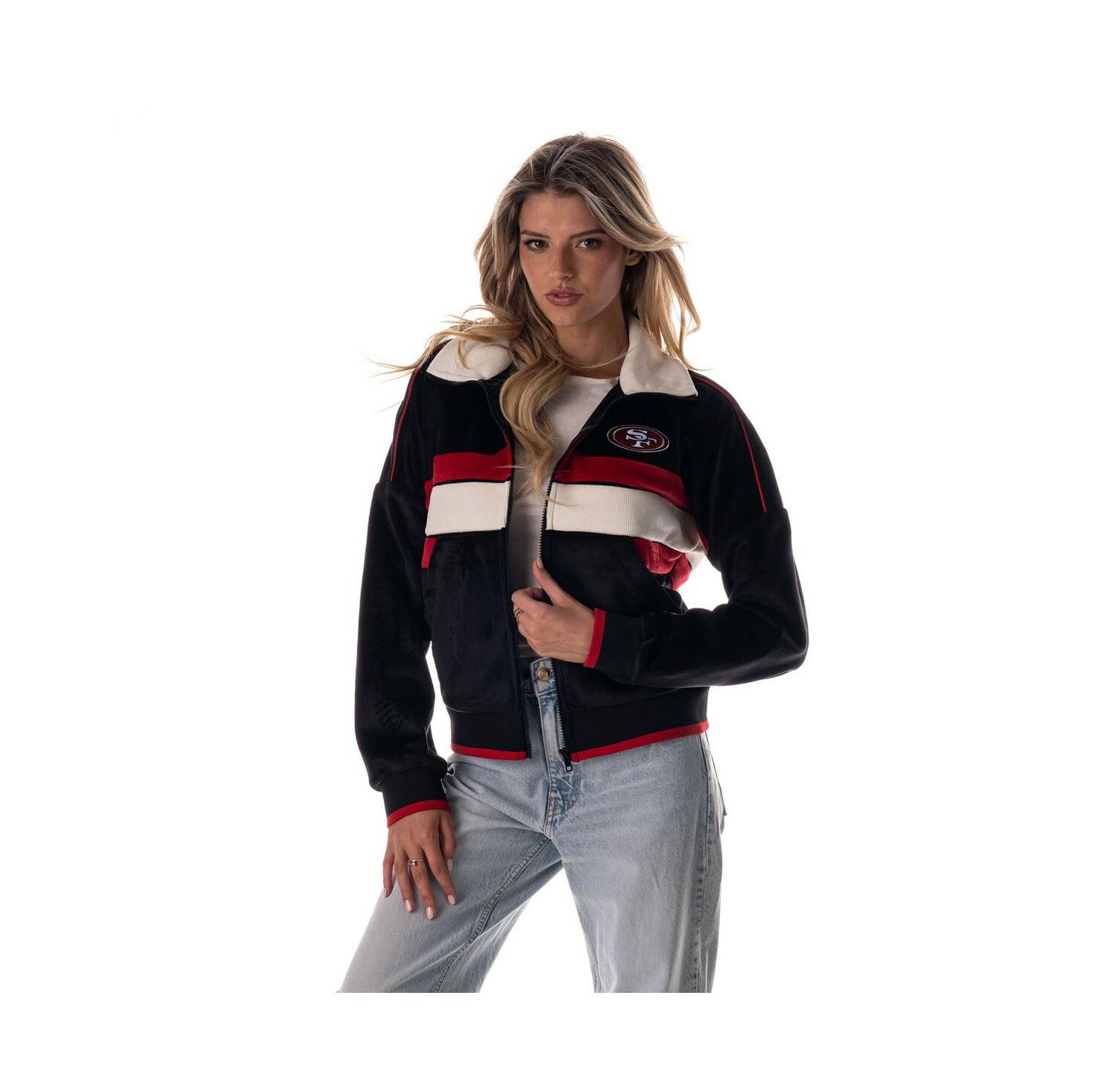 Women's Black San Francisco 49ers Cropped Corduroy Full-Zip Bomber Jacket