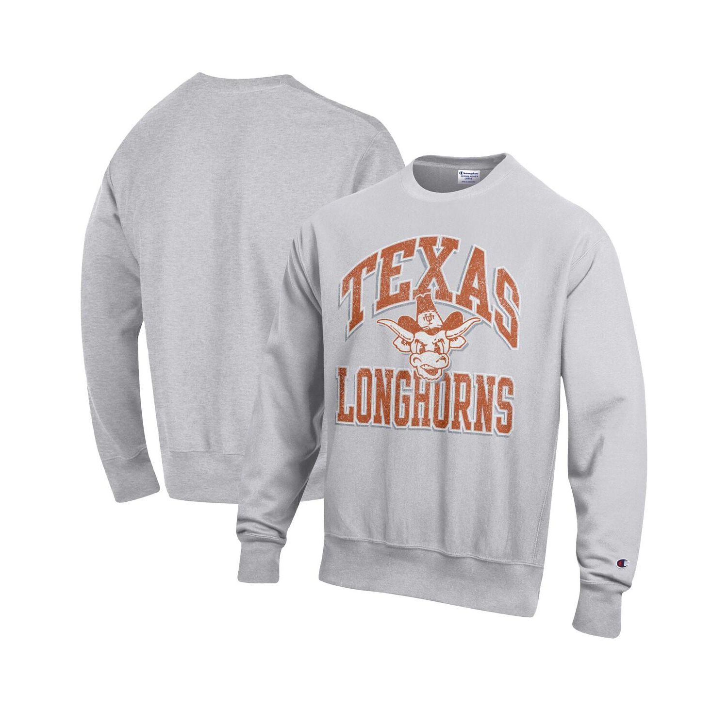 Men's Gray Texas Longhorns Distressed Arch Over Logo Reverse Weave Crew Neck Sweatshirt