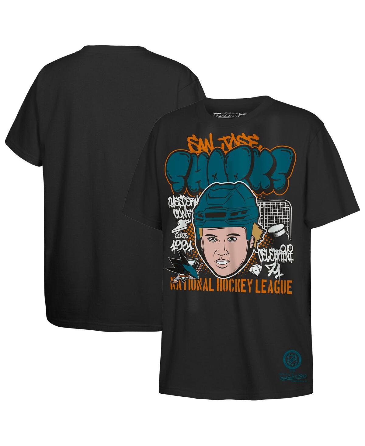 Mitchell & Ness Big Boys and Girls Macklin Celebrini Black San Jose Sharks Caricature T-Shirt