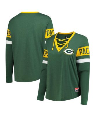 New Era - Women's Green Bay Packers Plus Size Throwback Lace-Up Long Sleeve T-Shirt