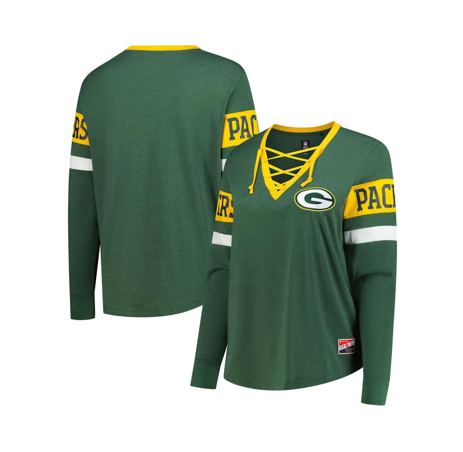 Women's Green Bay Packers Plus Size Throwback Lace-Up Long Sleeve T-Shirt