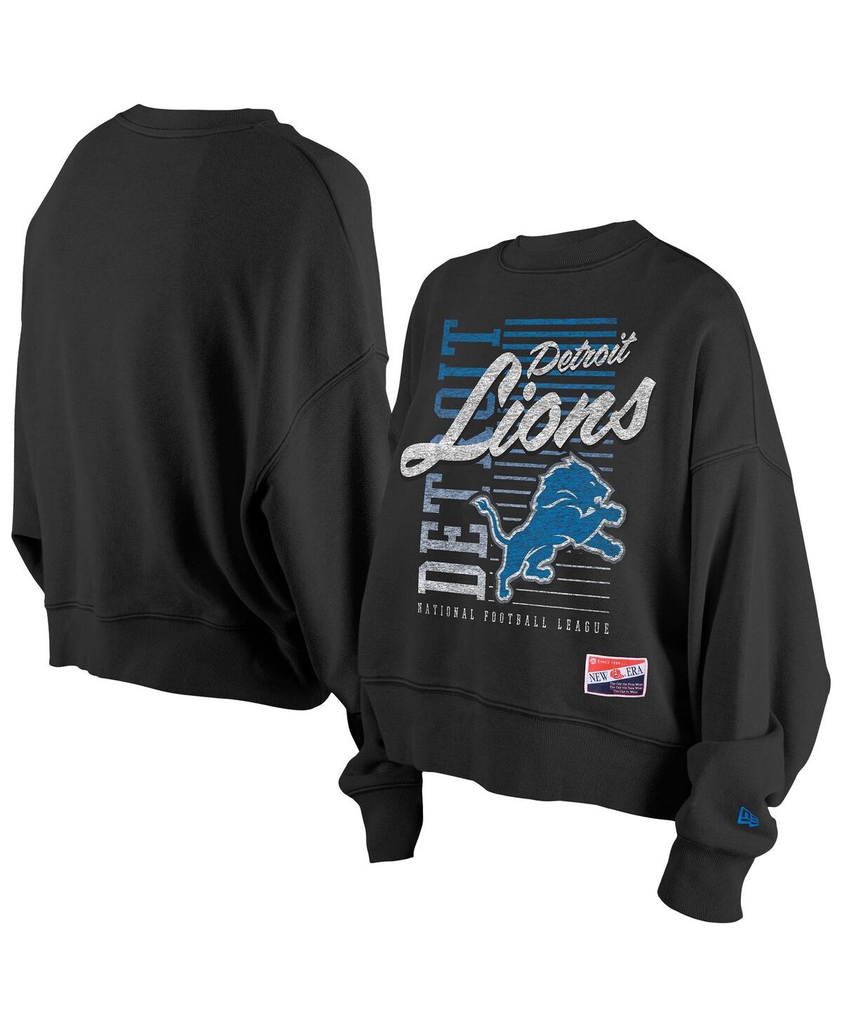 New Era Women's Black Detroit Lions Oversized Throwback Mineral Wash Crew Neck Sweatshirt In Black