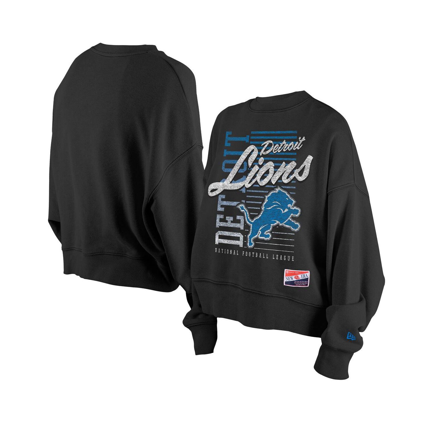 Women's Black Detroit Lions Oversized Throwback Mineral Wash Crew Neck Sweatshirt