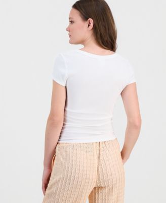 Juniors' Side-Ruched Ribbed-Knit T-Shirt