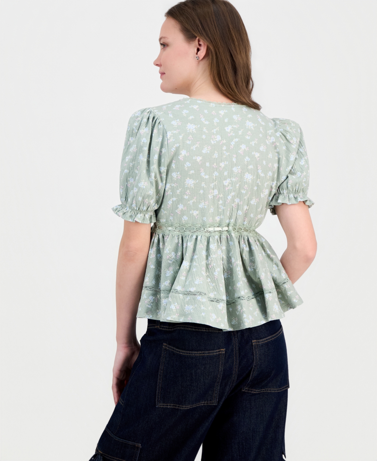 Tinseltown Juniors' Printed Puff-Sleeve Babydoll Top