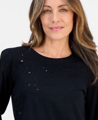 Petite Crewneck Sequin Detail Top, Macy's Exclusive