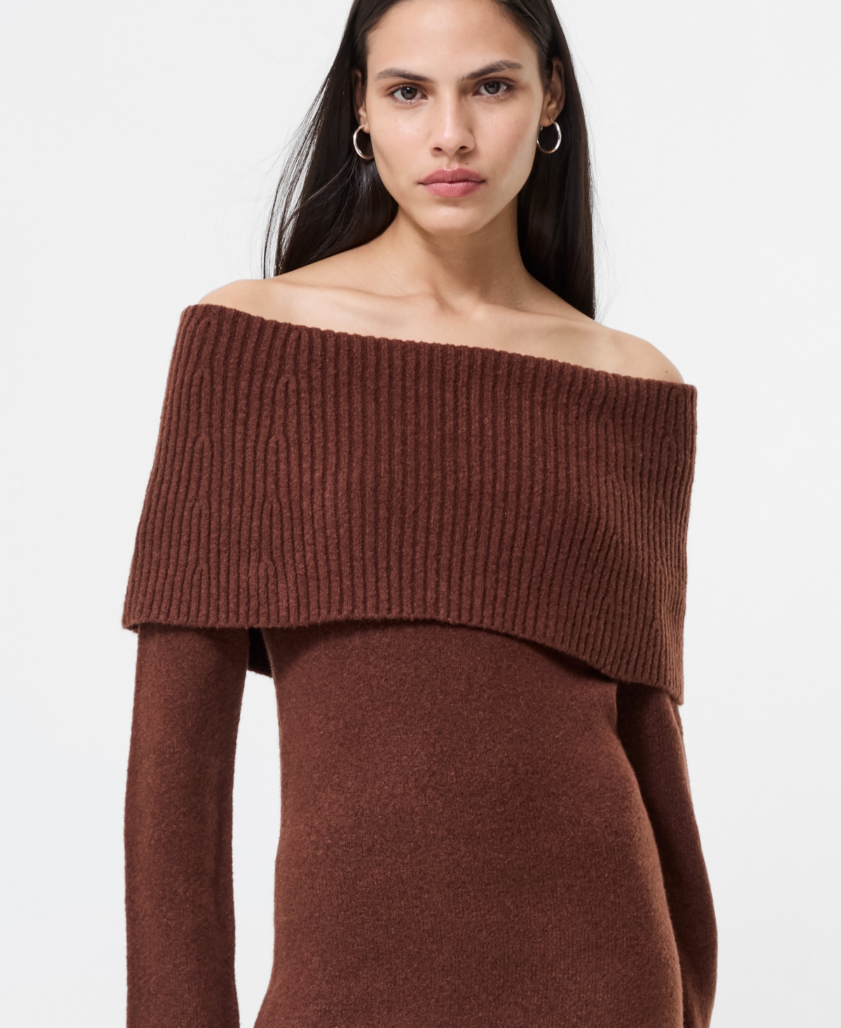 French Connection Emilia Off The Shoulder Long Sleeve Maxi Sweater Dress In Brown