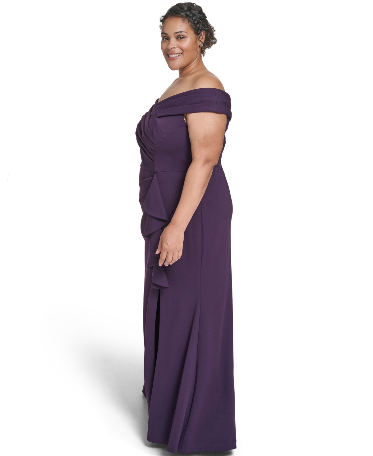 Eliza J Plus Size Off Shoulder Pleated Ruffle Gown In Purple