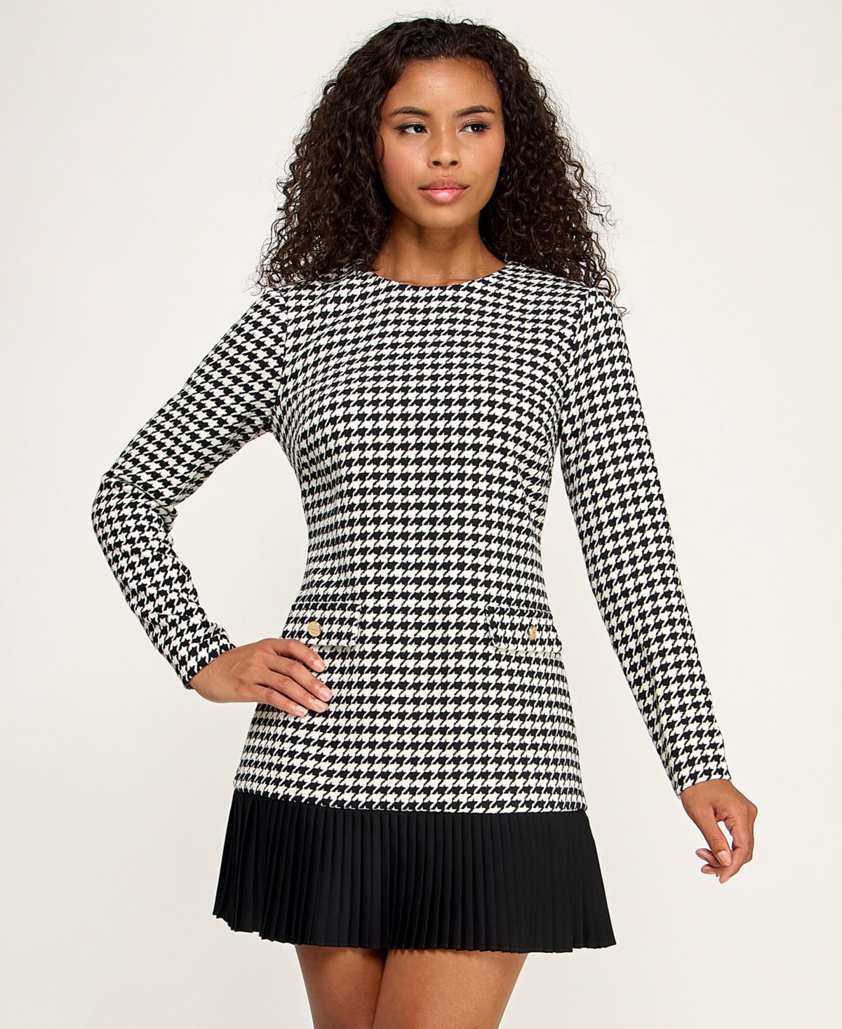 Seni & Cade Juniors' Houndstooth Blazer Pleated Crewneck Dress