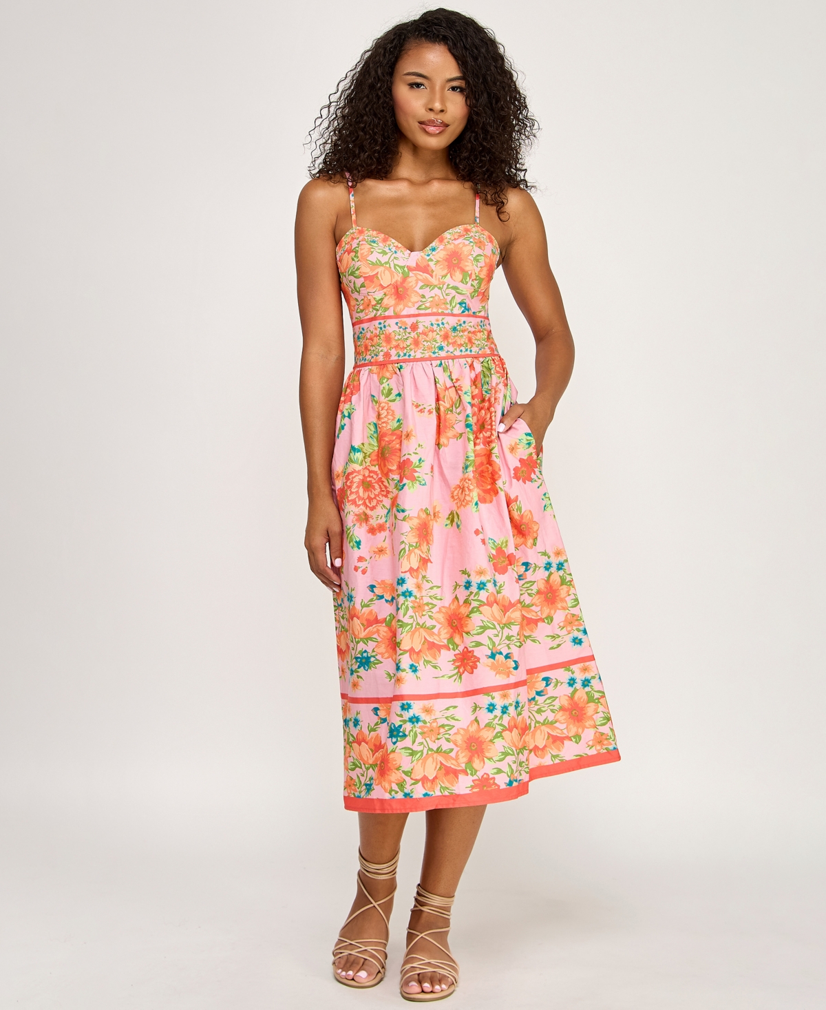 Seni & Cade Juniors' Floral Printed Sweetheart Neck Midi Dress In Pink