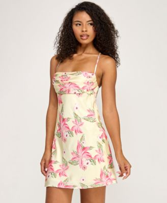 Juniors' Floral Square Neck Back Strap Satin Dress