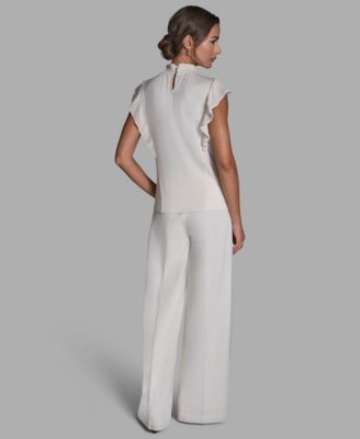 Women's Pleated Mock Neck Flutter Sleeve Top