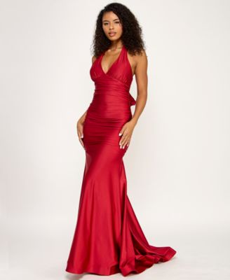 Juniors' Ruched Tie-Back Halter Gown