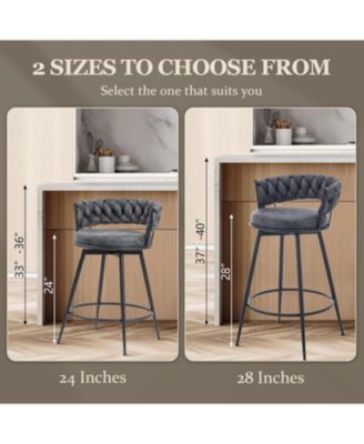 Swivel Bar Stools Set of 2, 24 Inches Modern Counter Height Bar Stools with Woven Back, Upholstered Suede Tall Barstools