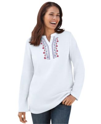 Women's Plus Size Embroidered Thermal Henley Tee