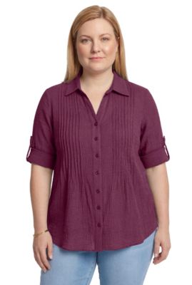 Plus Size Pintucked Button Down Gauze Shirt