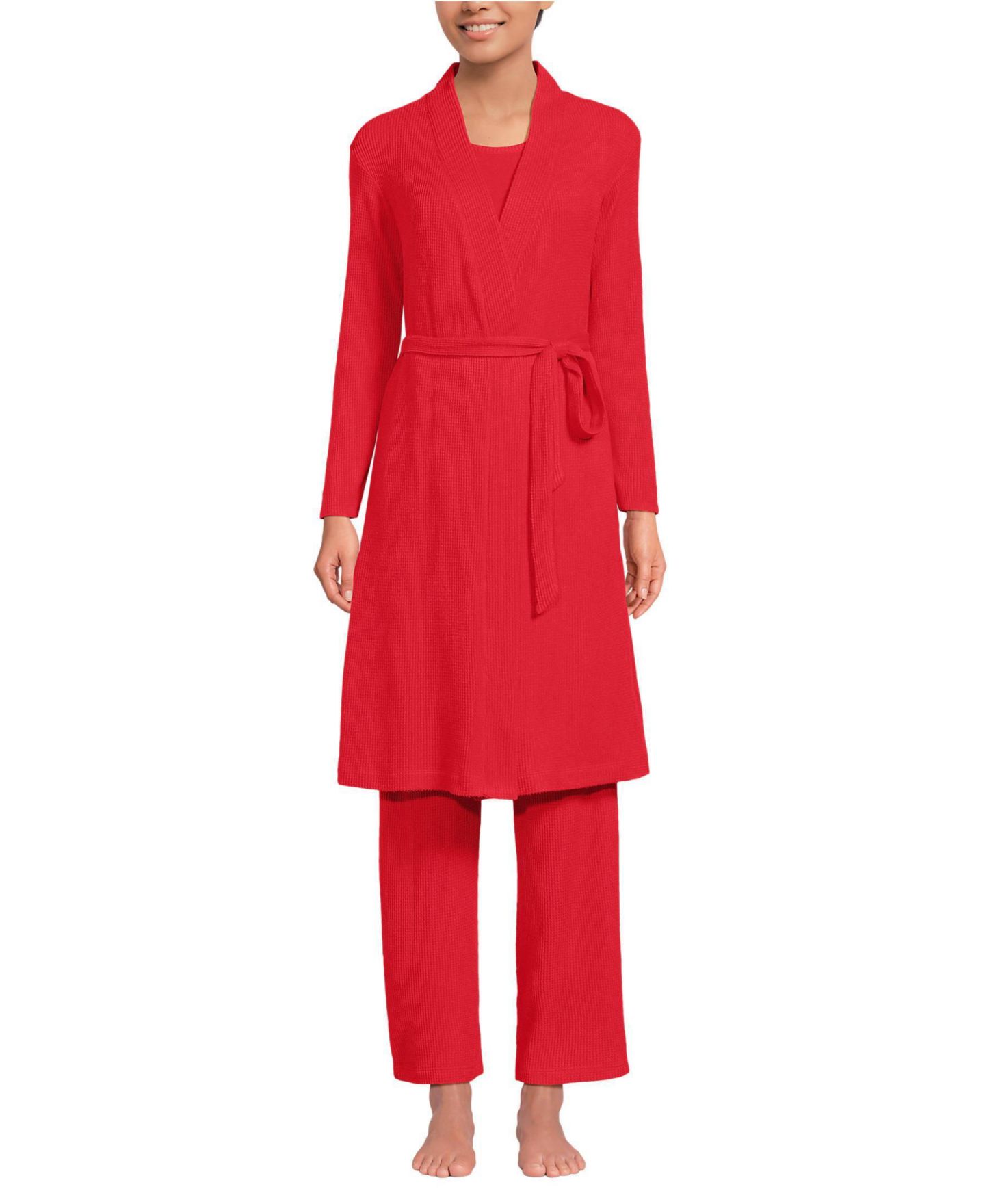 Женские пижамы Lands' End Women's Brushed Cozy Waffle Jersey 3 Piece Pajama Set - Tank Top Pant and Robe, цвет: Красный — фото 1