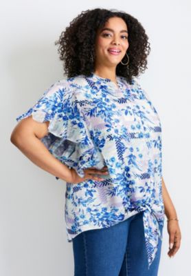 Women's Plus Size Tie Front Scarf Sleeve Blouse