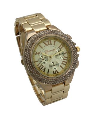 Gold Classy 3-Dial and Rhinestone Bezel Metal Watch