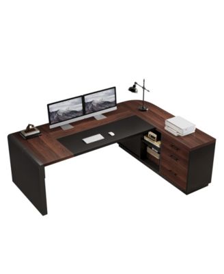 80'' L-Shaped Desk, Large Executive Office Desk with 55'' Drawers Cabinet, Modern Computer Table