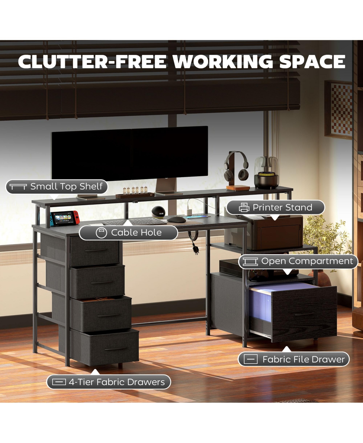 67" Computer Desk Home Office with File Cabinet Lights