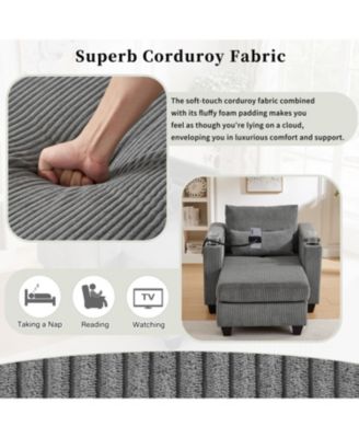 Convertible Chaise Lounge 37.4 Inches Sofa Chair Sofa Bed Corduroy Sleeper with USB Ports , Two Cup Holders, Phone Holder and Ample Storage Space