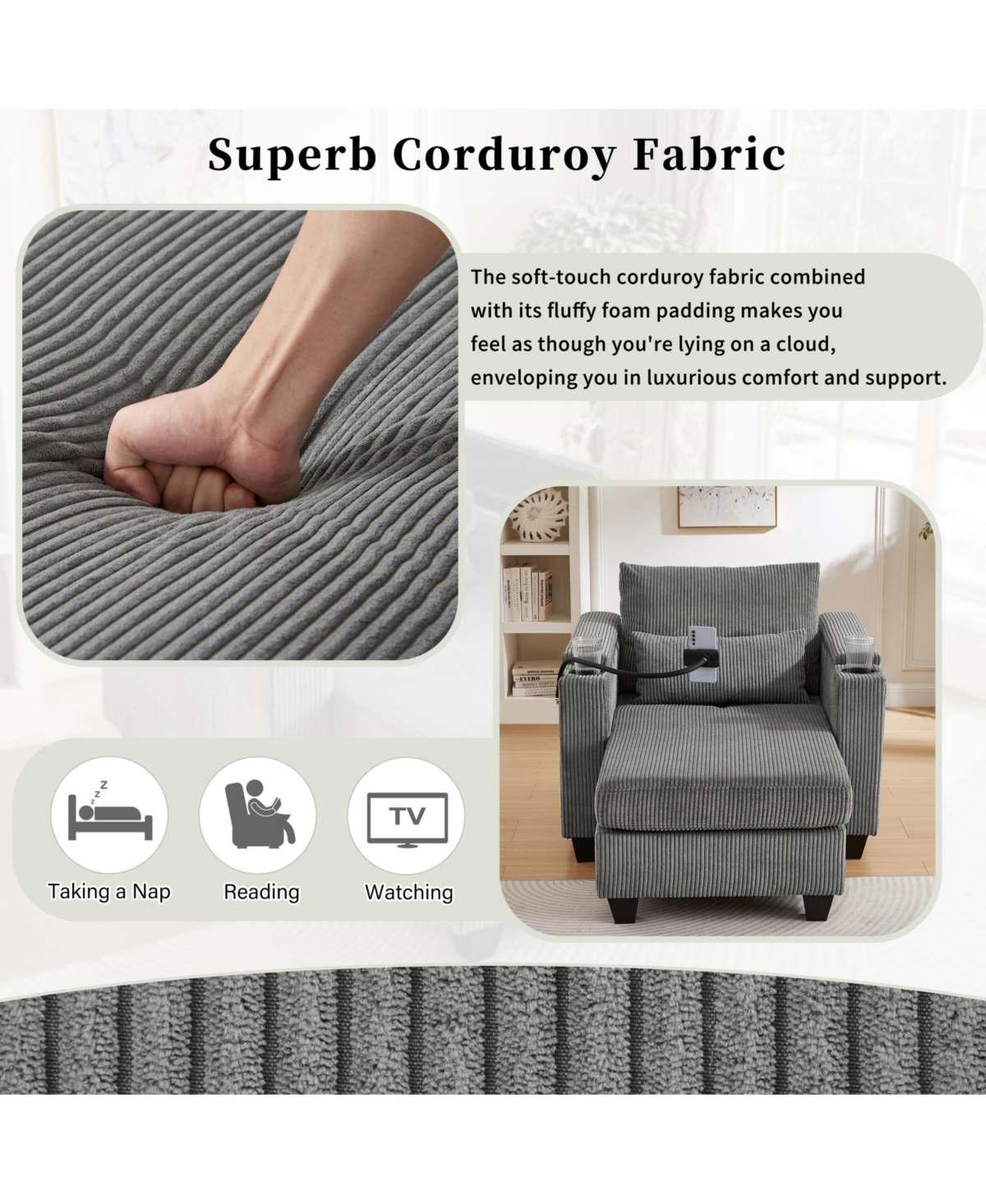 Convertible Chaise Lounge 37.4 Inches Sofa Chair Bed Corduroy Sleeper with Usb Ports , Two Cup Holders, Phone Holder and Ample Storage Space