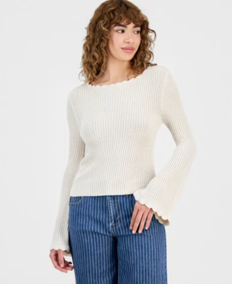 Petite Scalloped-Trim Bell-Sleeve Sweater - Sandy Beige
