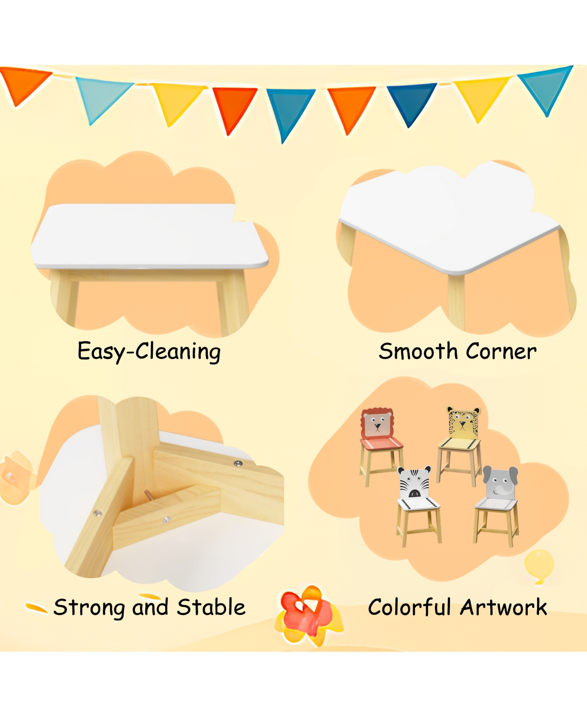 23.6"5 Piece Kiddy Table and Chair Set , Kids Wood Table with 4 Chairs Set Cartoon Animals (bigger table) (3-8 years old) White