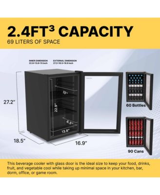 Premium 69 L Beverage Refrigerator 2.4 Cu. Ft. Freestanding Mini Fridge With Glass Door in White