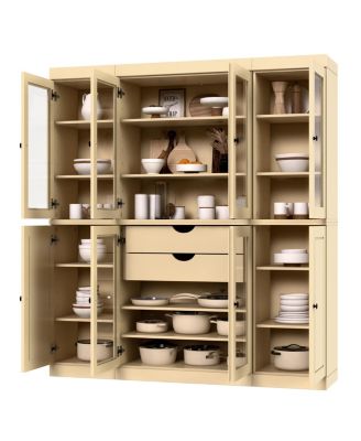 100% Solid Wood 65" Pantry China Cabinet with Raised Panel, Clear Glass Doors, 2-Drawers & Adjustable Shelves
