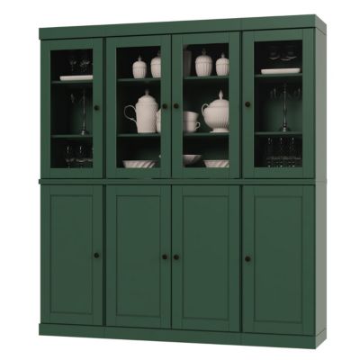 100% Solid Wood Pantry China Cabinet, Raised Panel & Clear Glass Doors, 2 Drawers, Adjustable Shelves, 65" Wide, 71.5" Tall