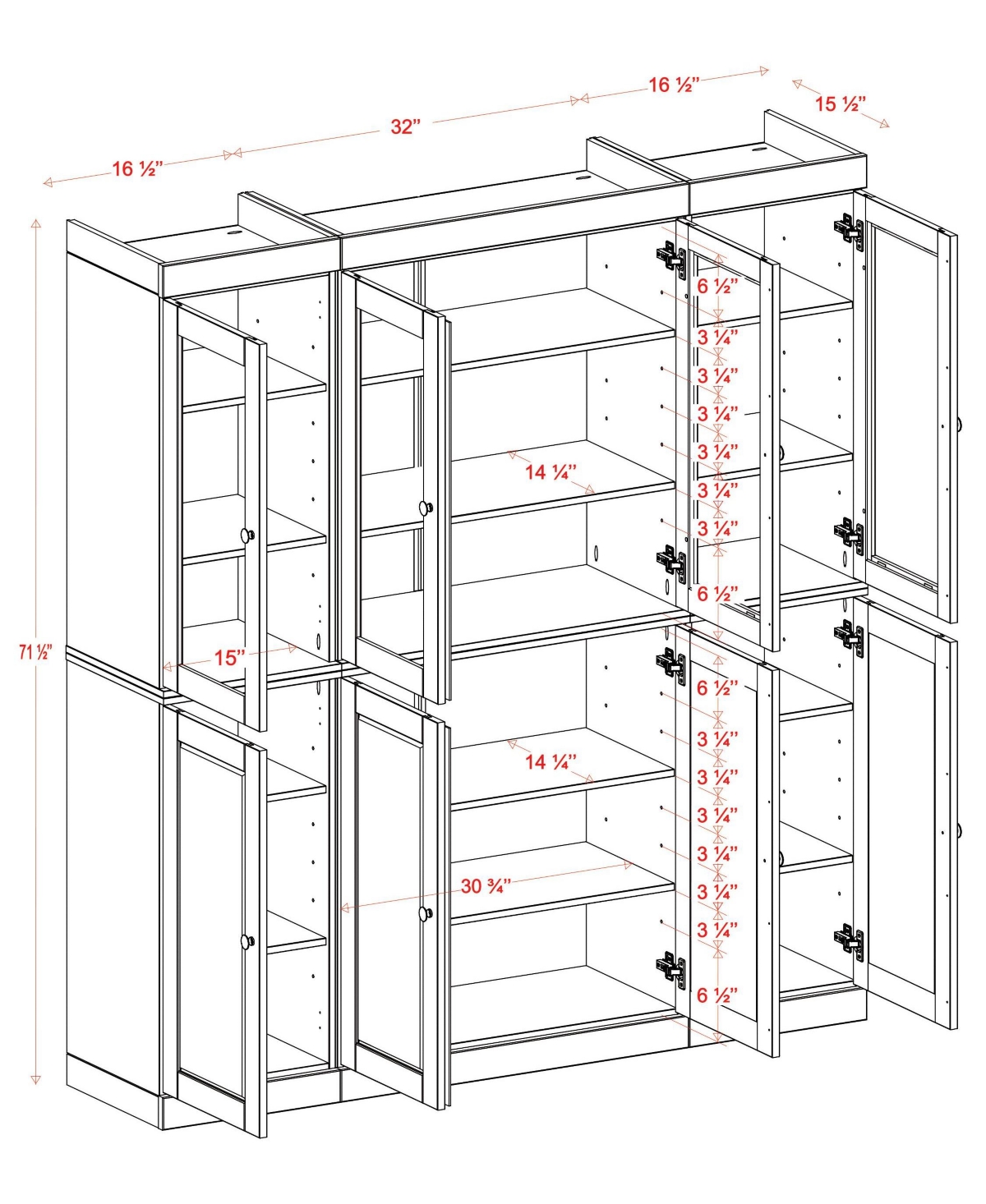 Palace Imports 100% Solid Wood 65" Pantry China Cabinet with Raised Panel, Clear Glass Doors & Adjustable Shelves