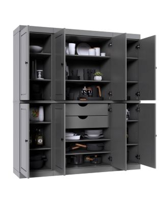 100% Solid Wood Tall Kitchen Pantry Storage Cabinet with Raised Panel Doors, 2 Drawers
