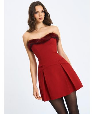 Women's Nalia Crimson Fur Trimmed Sweetheart Mini Dress