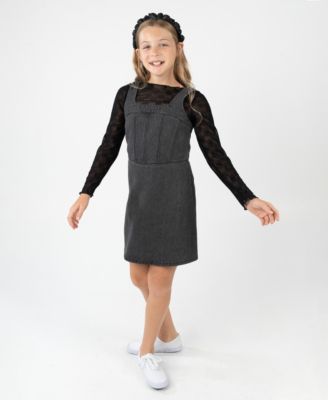 Rare Editions - Girls 7-16 2-Piece Mesh Long-Sleeve Top and Denim Jumper Set