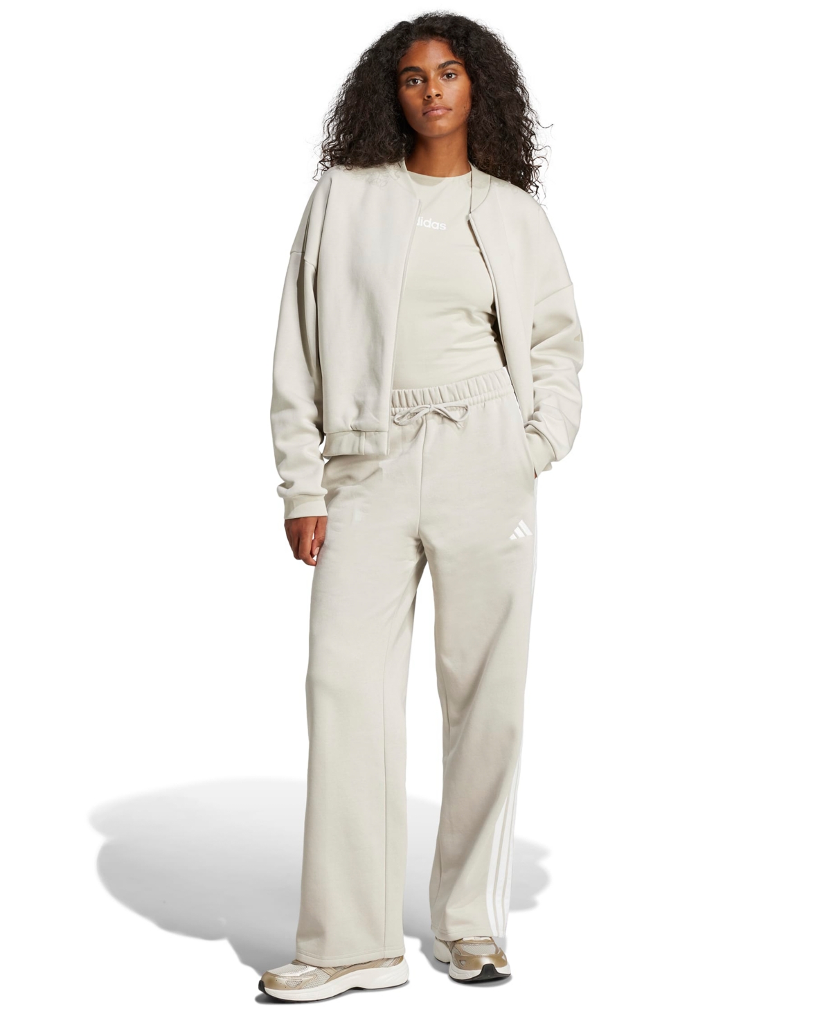 Adidas Originals Women's Essentials Three Stripes Fleece Open Hem Pants In Gray