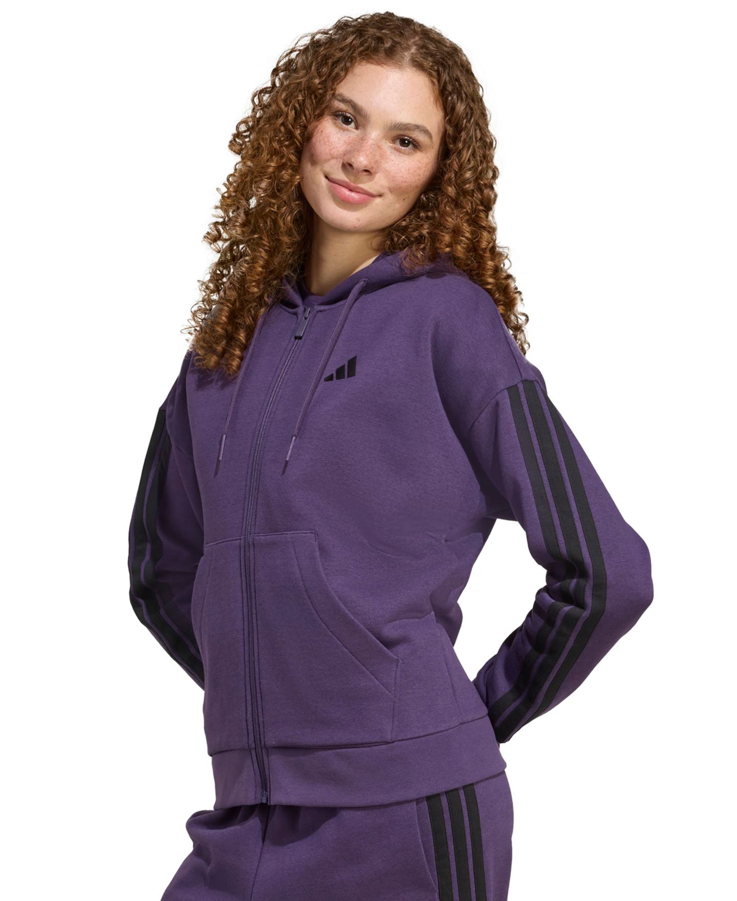 Женское худи adidas 3-Stripe Fleece Full-Zip, цвет: Сливовый / Чёрный — фото 1