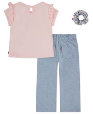 Girls' Toddler 2T-4T Ruffle Shoulder Top, Pants, and Scrunchie, 3-Piece Set