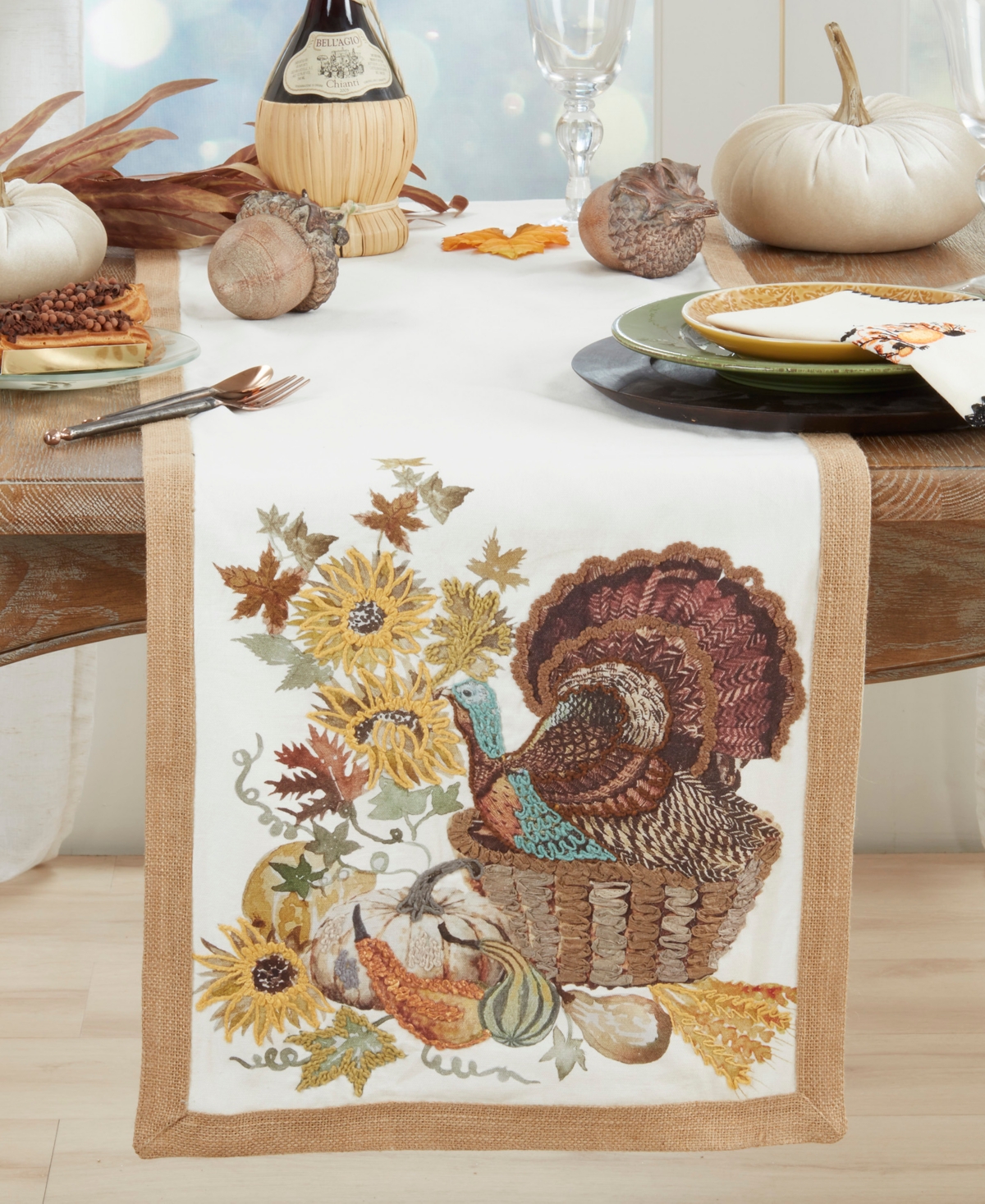 Saro Lifestyle Embroidered Turkey Table Runner, 16" x 72"