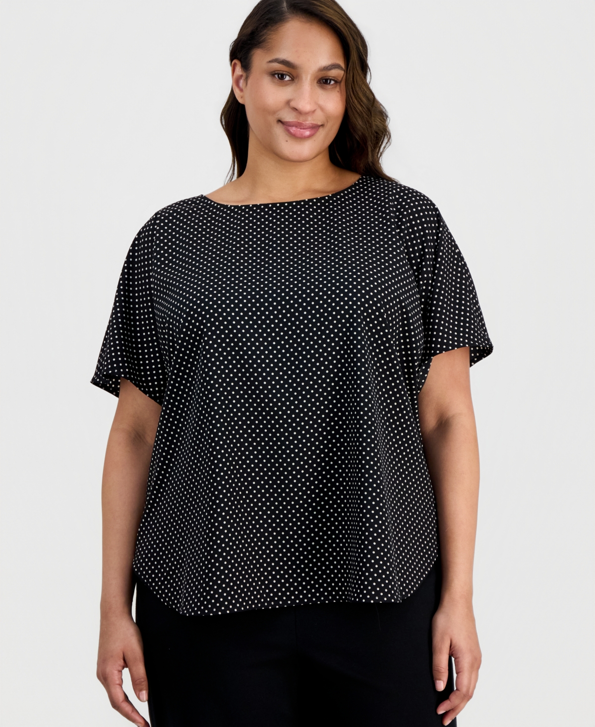 Anne Klein Plus Size Printed Bateau-Neck Short-Sleeve Blouse - White Dove/Anne Black