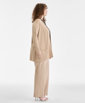 Plus Size Malibu Open-Front Cardigan, Printed Triple-Pleat V-Neck Blouse & Mid-Rise Pull-On Straight Pants