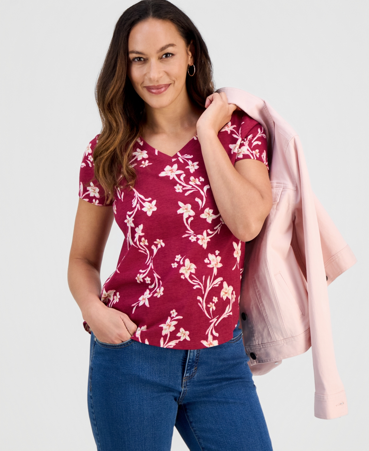 Style & Co Petite Floral Sketch Perfect T-shirt, Macy's Exclusive In Red