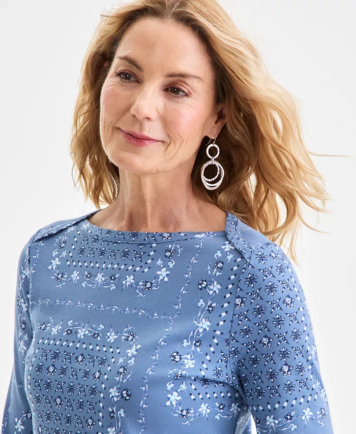 Women's Printed Pima Cotton 3/4 Sleeve Boat-Neck Top - thumbnail 3