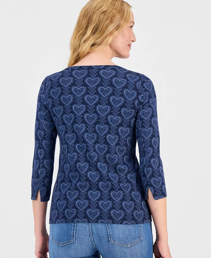 Women's Printed Pima Cotton 3/4 Sleeve Boat-Neck Top - thumbnail 5