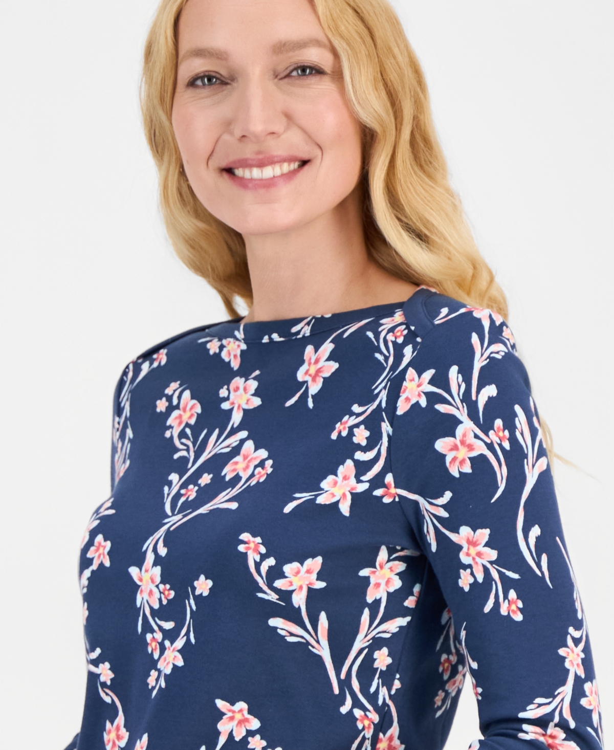 Style & Co Petite Pima Floral Sketch Boat Neck Top, Macy's Exclusive