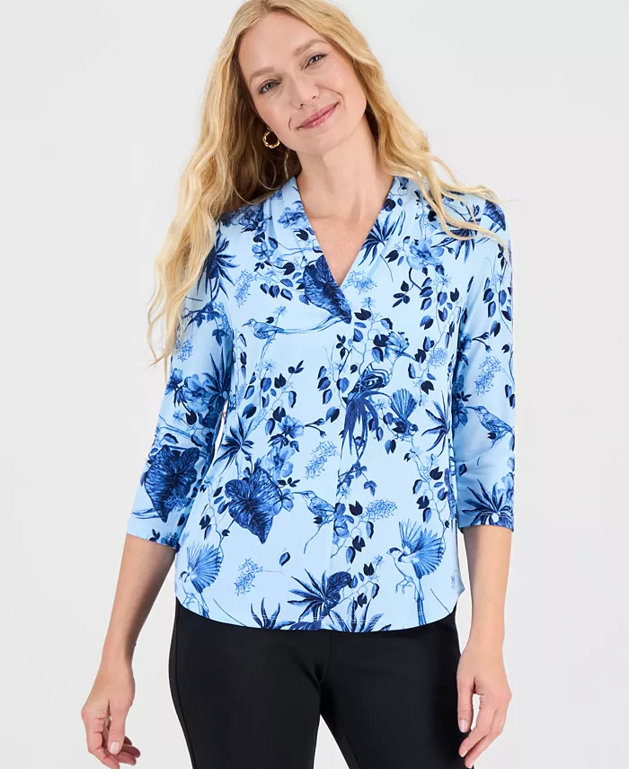 Women's Printed 3/4 Sleeve V-Neck Knit Top