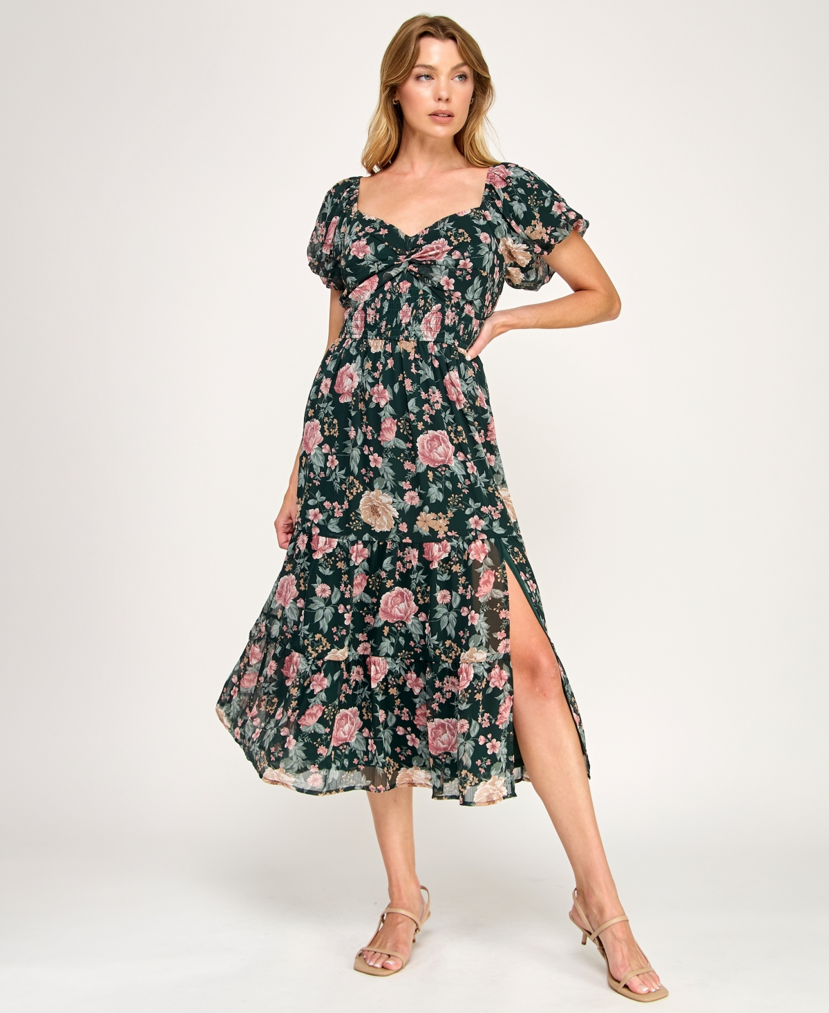 Trixxi Juniors' Puff Sleeve Twist Front Midi Dress In Blue